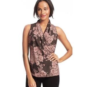 CABi Brown Sleeveless Rosewater Faux Wrap Floral Blouse XS Draped